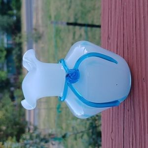 White and blue with ruffled top glass vase